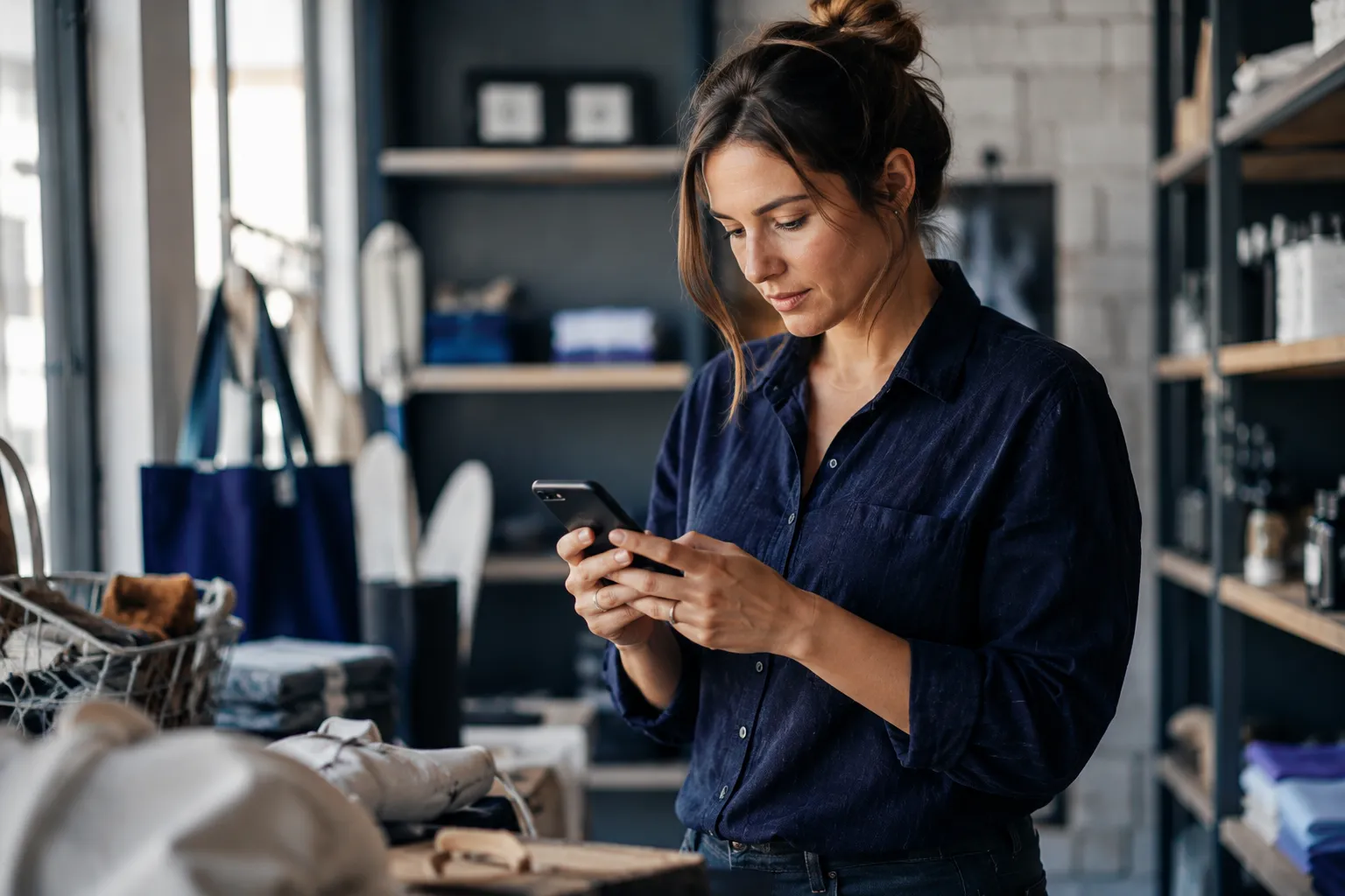 Commerçante consultant le programme de fidélité sur mobile dans son point de vente